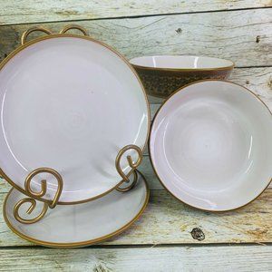 Vintage Genuine Koyo Stoneware Kasuga BROWN DIAMOND  2 Bowls & 2 Plates Set of 4